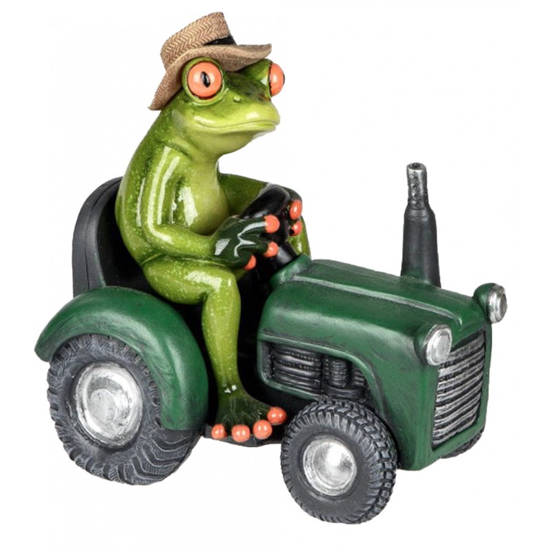 Dekofigur lustiger Frosch auf einem grünen Traktor, hellgrün, 16 cm