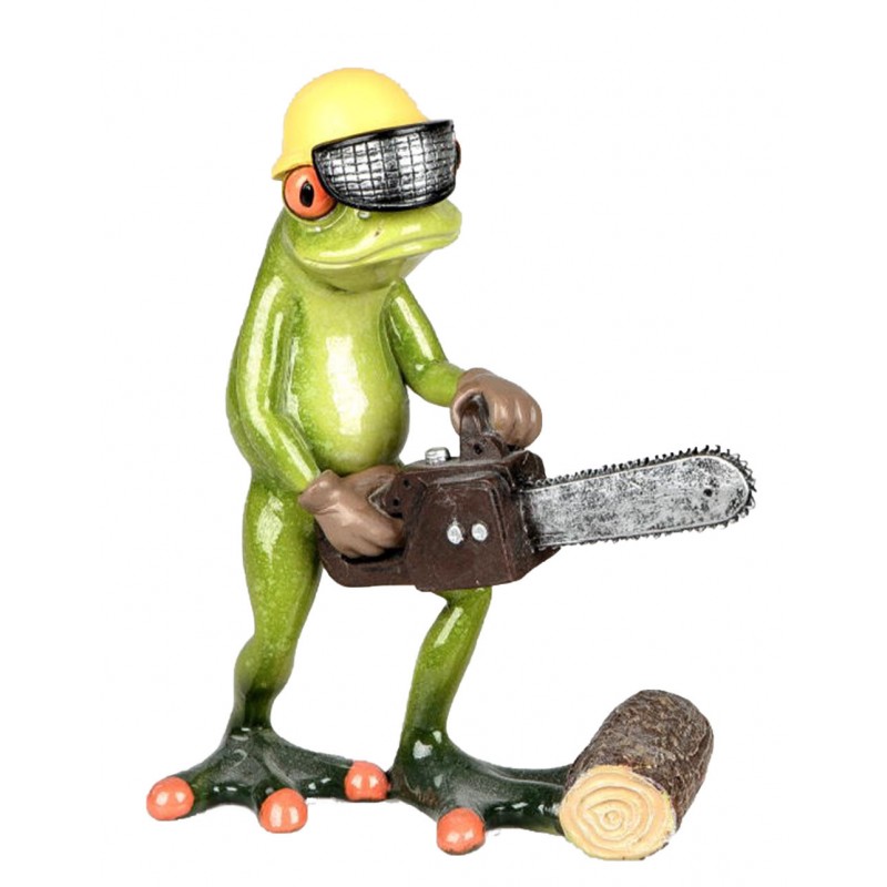 Dekofigur cooler Frosch mit Motorsäge und gelbem Helm, hellgrün, 16 cm