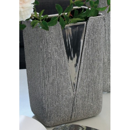 GILDE Moderne V-Vase aus Keramik, silber, 22x15x11 cm