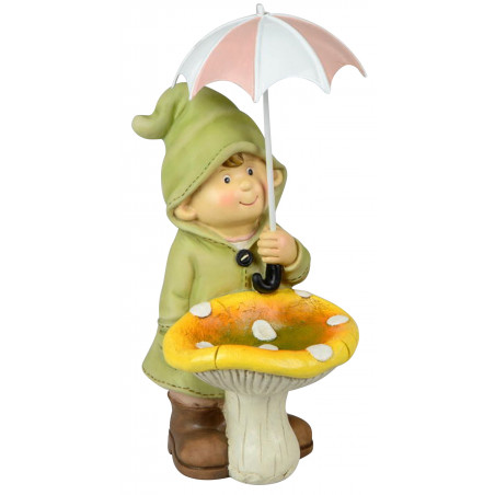 dekojohnson Deko-Figur Kind Junge Regenschirm und Pilz grün Herbstdeko Frühjahrsdeko für Innen und Außen 23cm groß